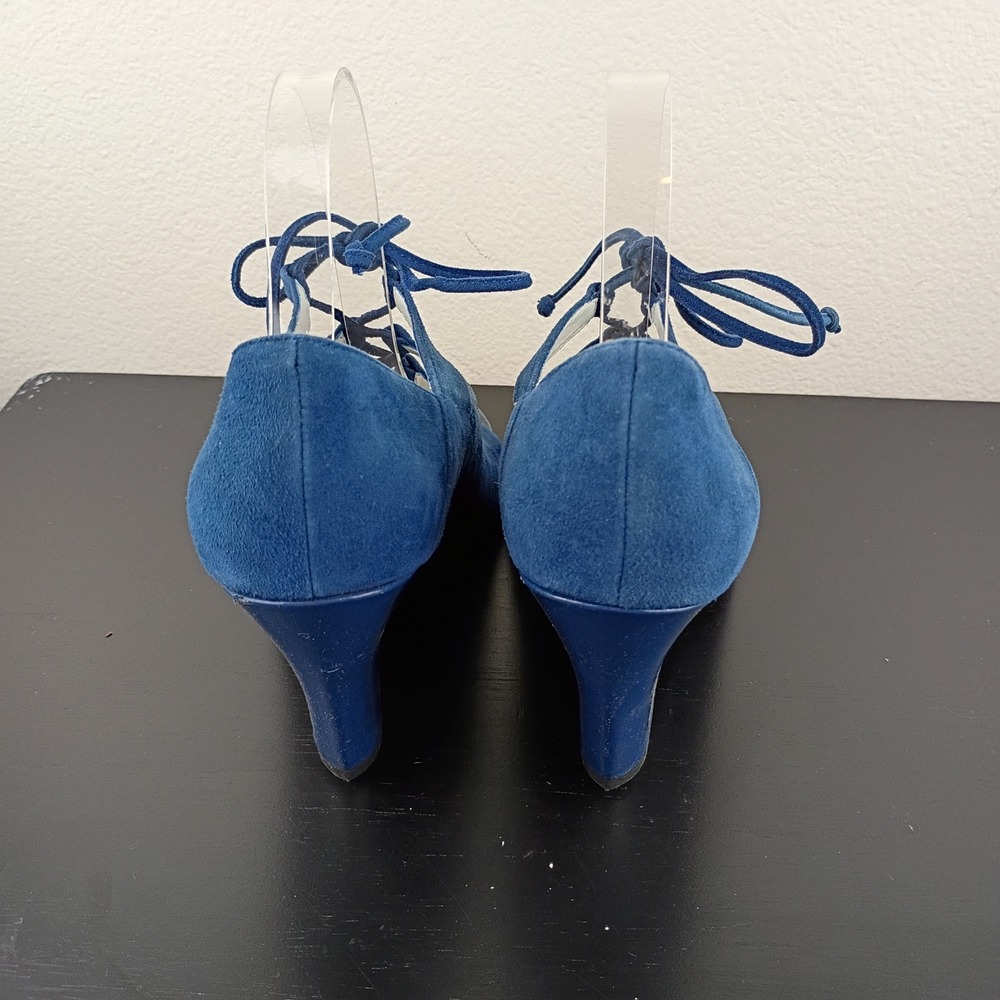 Franco Sarto Deco Blue Suede Lace Up Peep Toe Wedge Sandals Shoes Womens 7.5M - Picture 5 of 12
